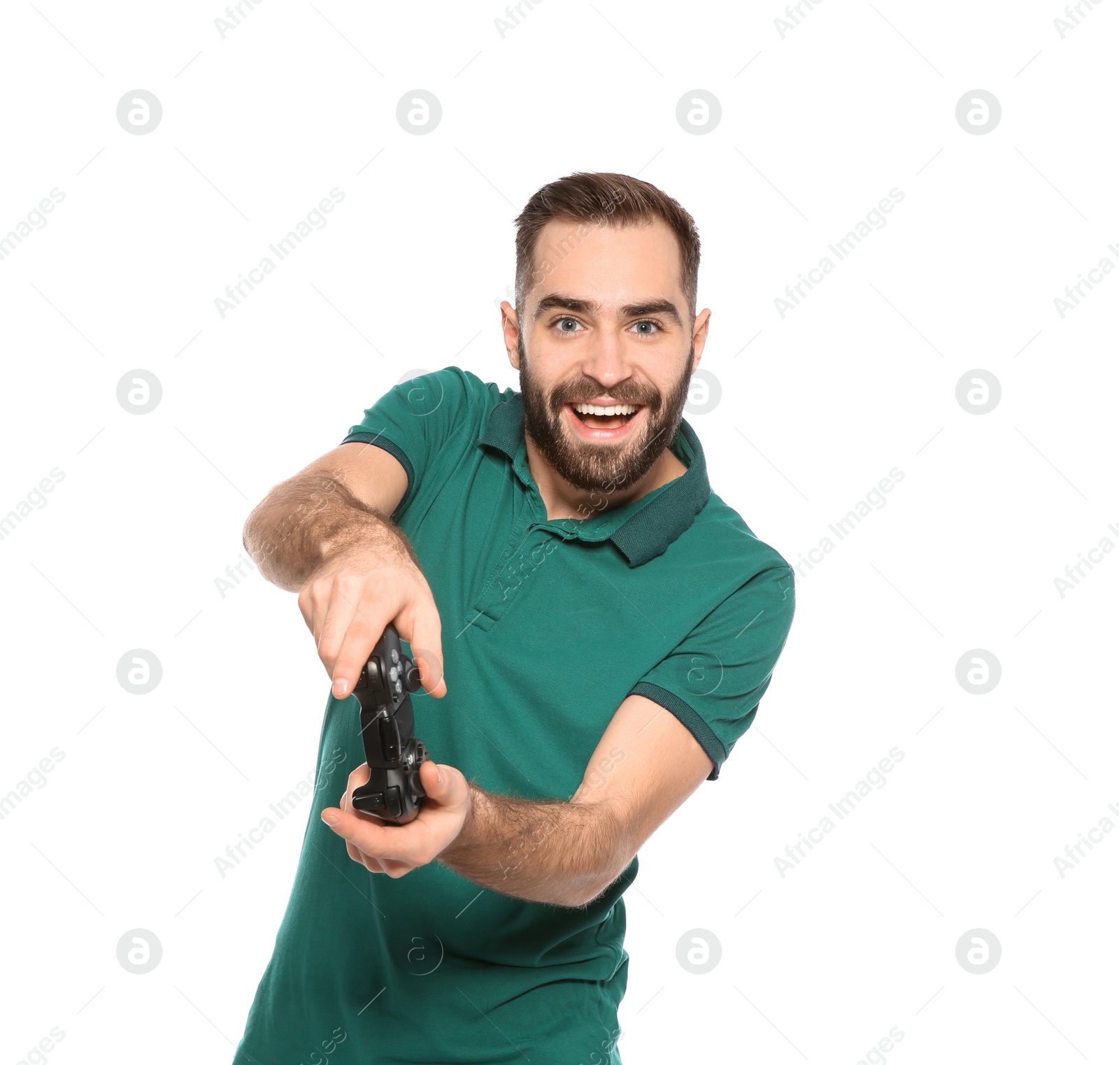 Photo of Emotional young man playing video games with controller isolated on white