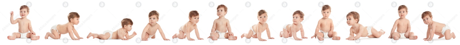 Image of Collage with photos of cute baby crawling on white background. Banner design