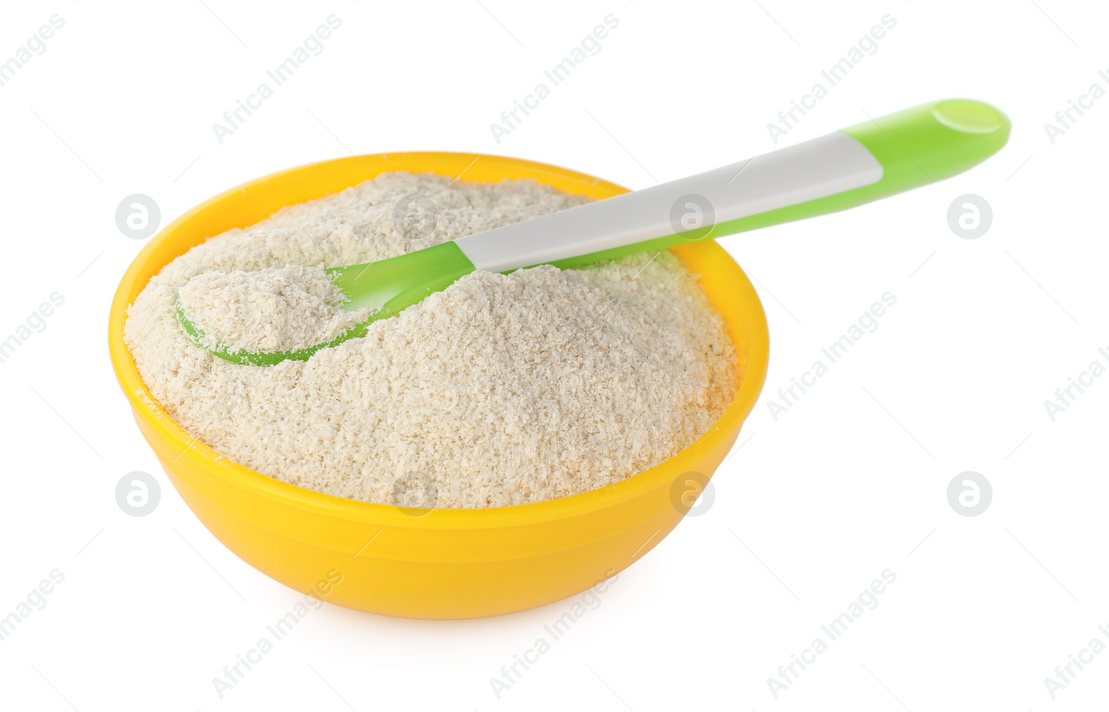 Photo of Dry healthy baby food in bowl on white background