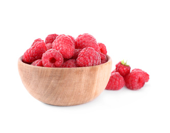 Photo of Delicious fresh ripe raspberries in wooden bowl isolated on white
