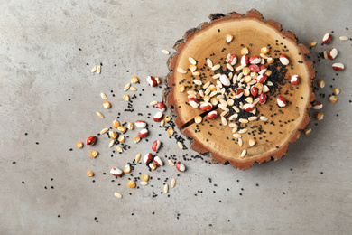 Mixed vegetable seeds and wooden log on grey background, flat lay