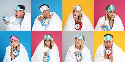 Collage with photos of people wrapped in blankets with alarm clocks on different color backgrounds