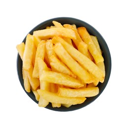 Bowl with delicious french fries on white background, top view