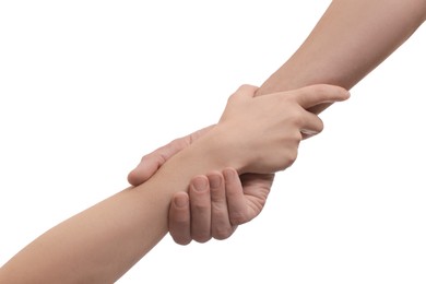 Man and woman holding hands together on white background, closeup