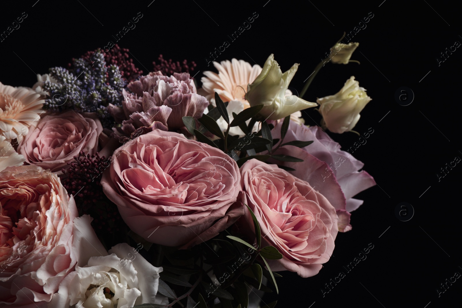 Photo of Beautiful bouquet on black background. Floral card design with dark vintage effect