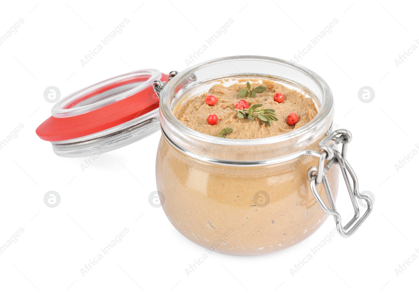 Photo of Glass jar with delicious liver pate on white background