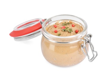 Photo of Glass jar with delicious liver pate on white background