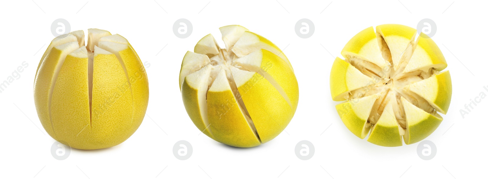 Image of Set of fresh exotic pomelo fruits on white background. Banner design