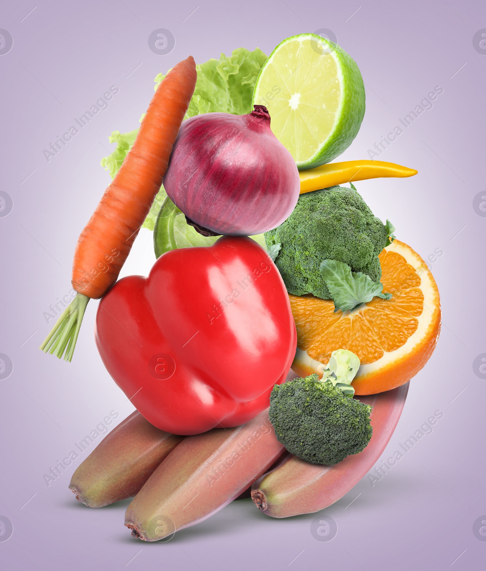 Image of Stack of different vegetables and fruits on pale light violet background