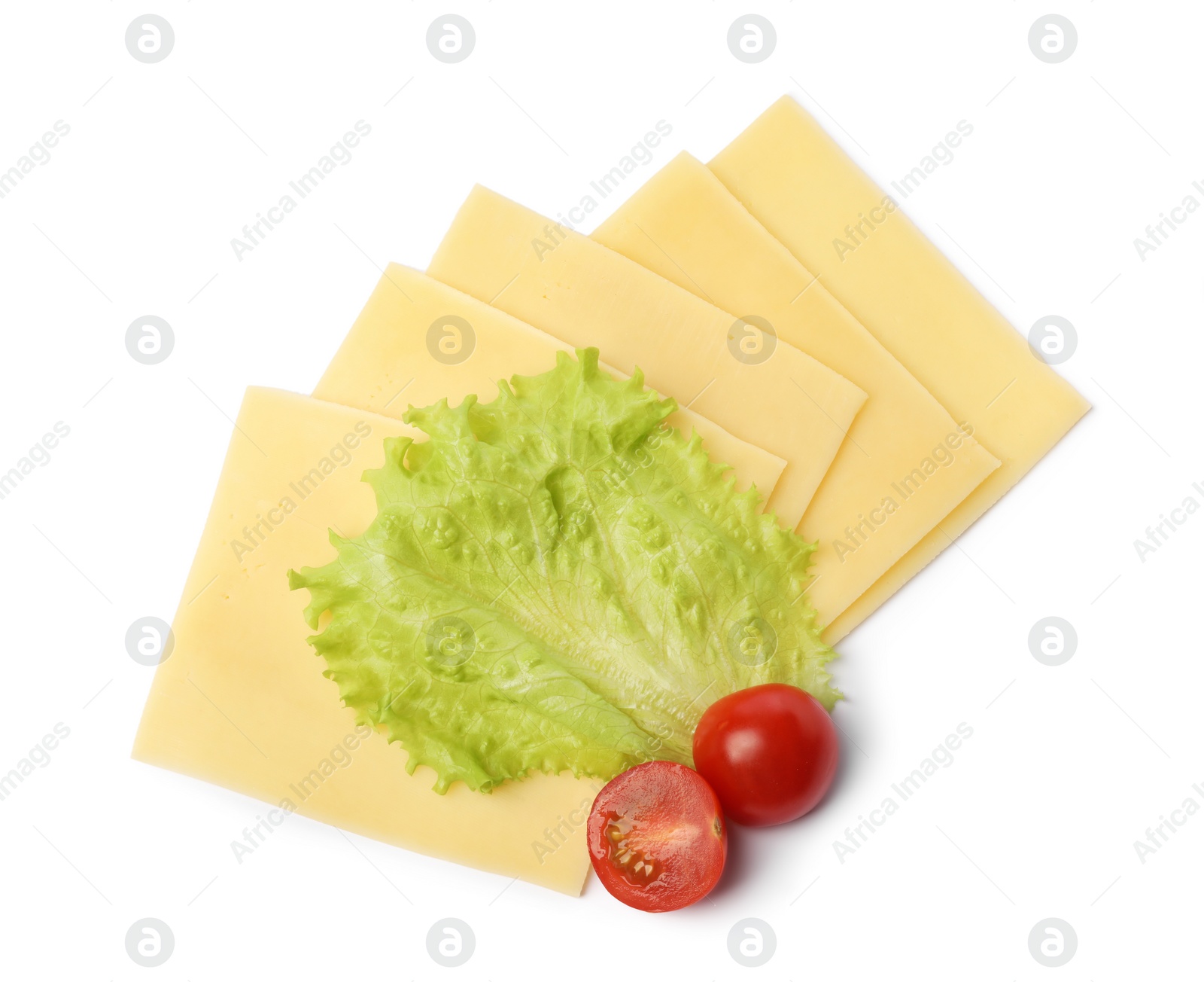 Photo of Slices of tasty fresh cheese, tomatoes and lettuce isolated on white, top view