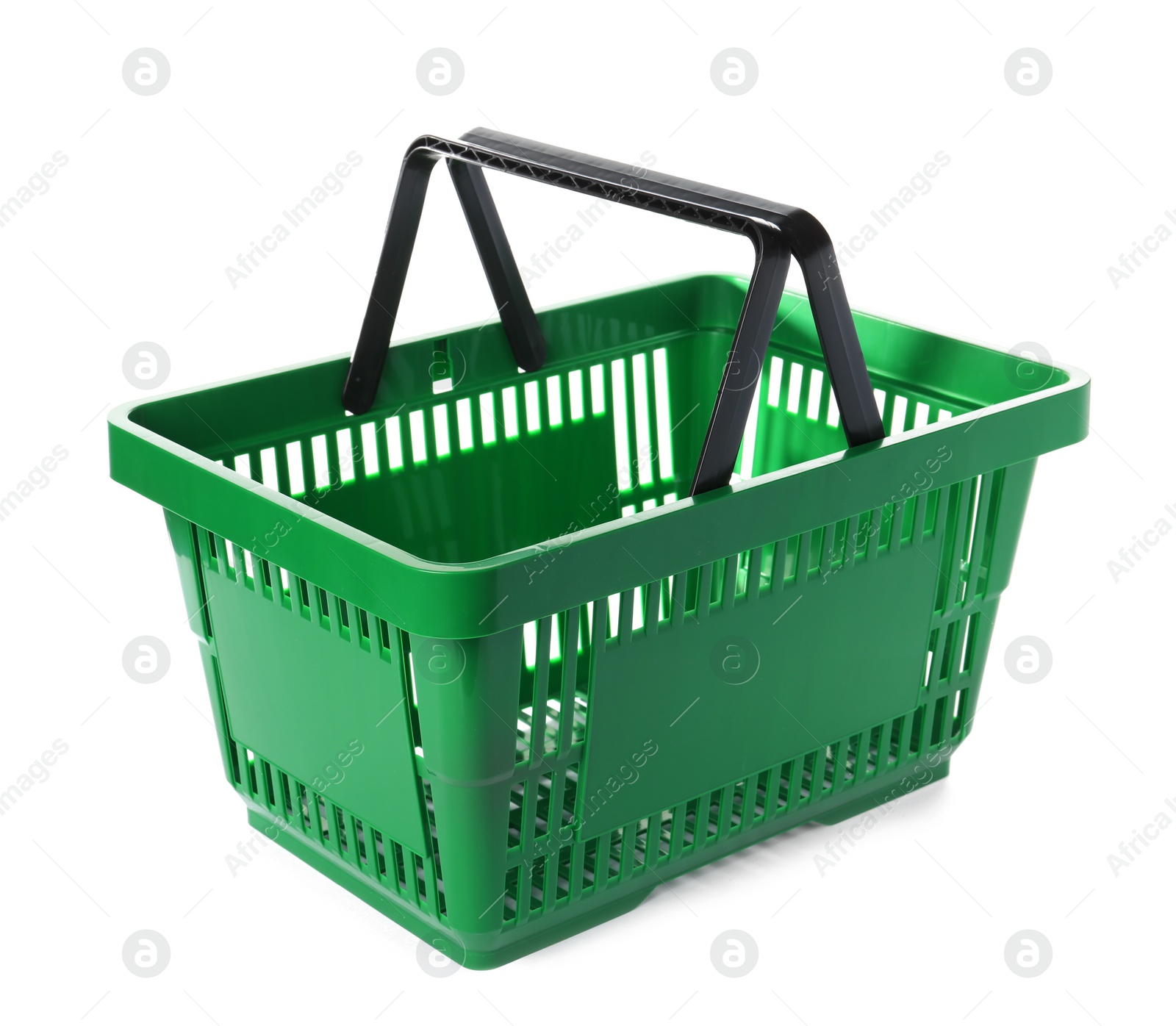 Photo of Color plastic shopping basket on white background