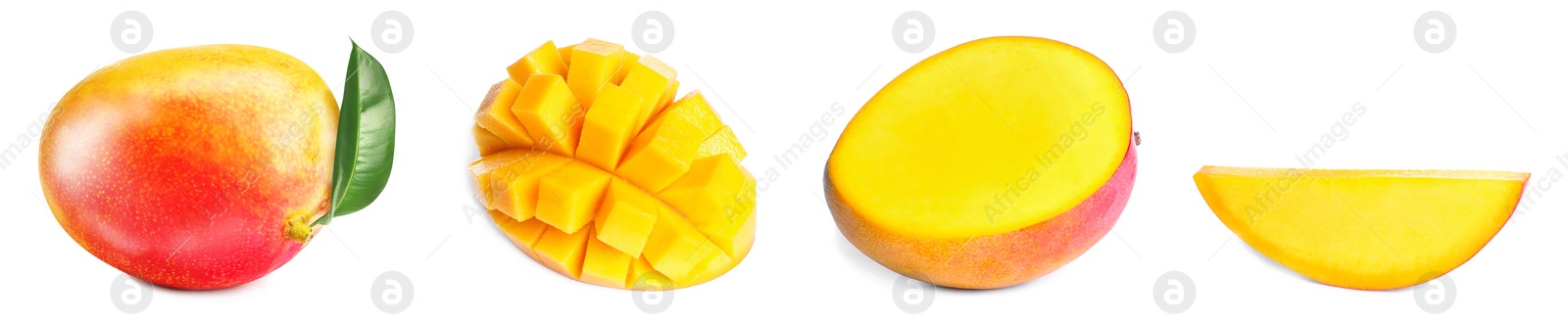 Image of Mango fruits cut in different ways and one whole isolated on white