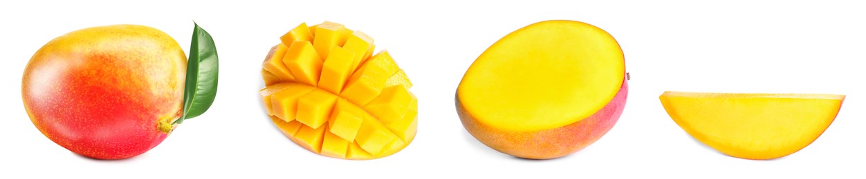 Image of Mango fruits cut in different ways and one whole isolated on white