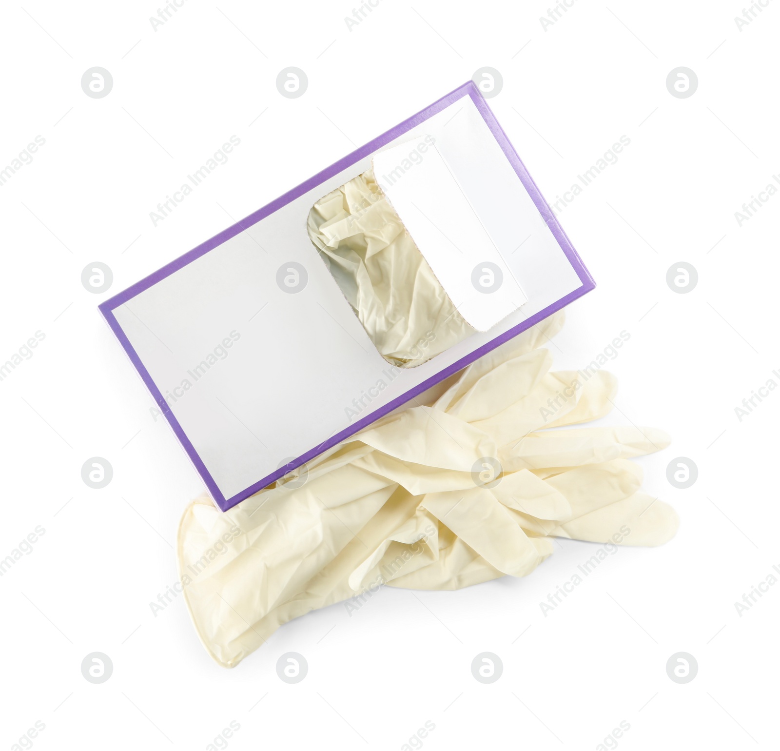 Photo of Box of new medical gloves isolated on white, top view