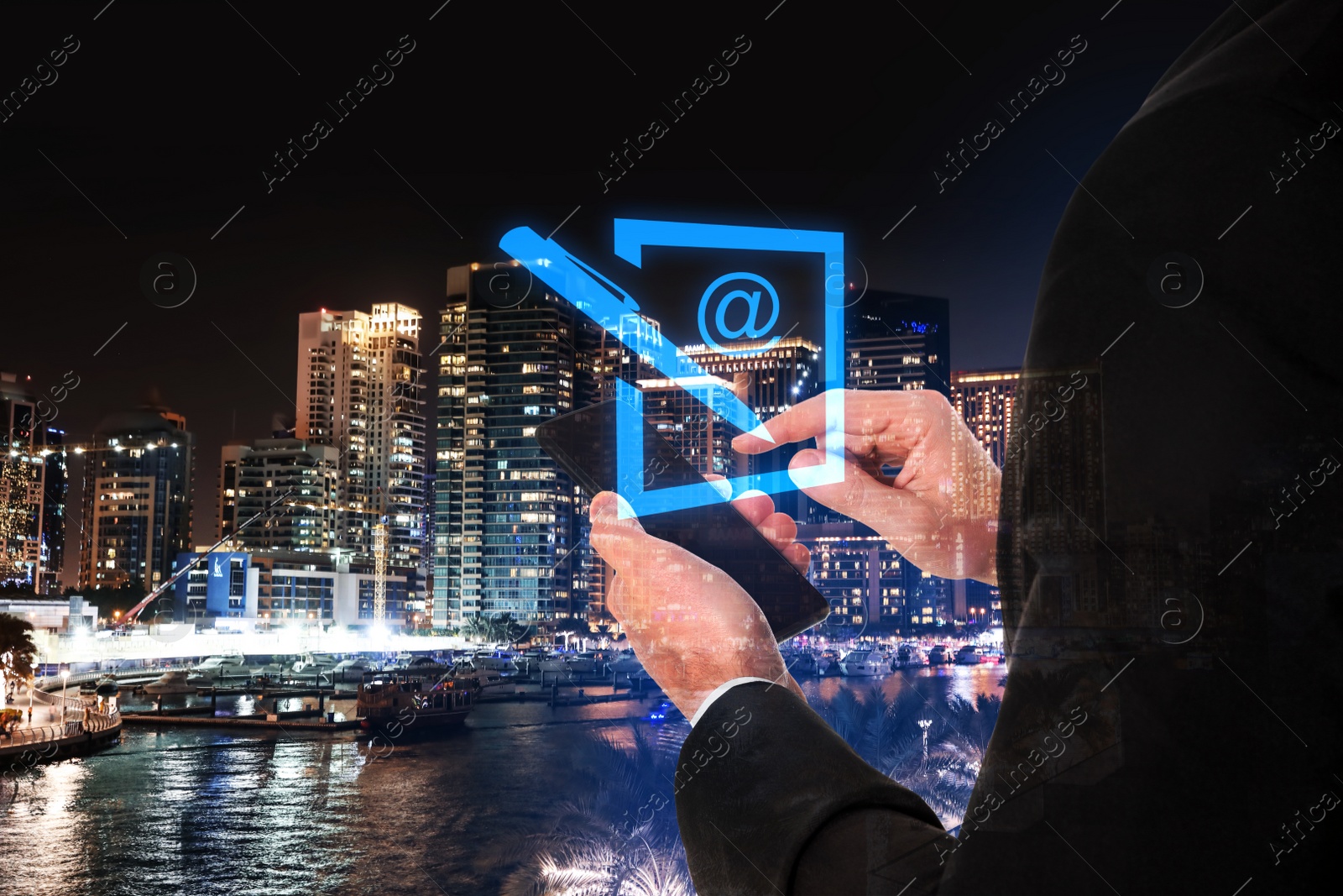 Image of Electronic signature concept. Double exposure of businessman with smartphone and night cityscape