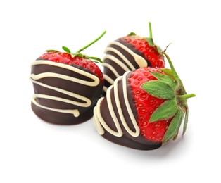 Photo of Delicious chocolate covered strawberries on white background