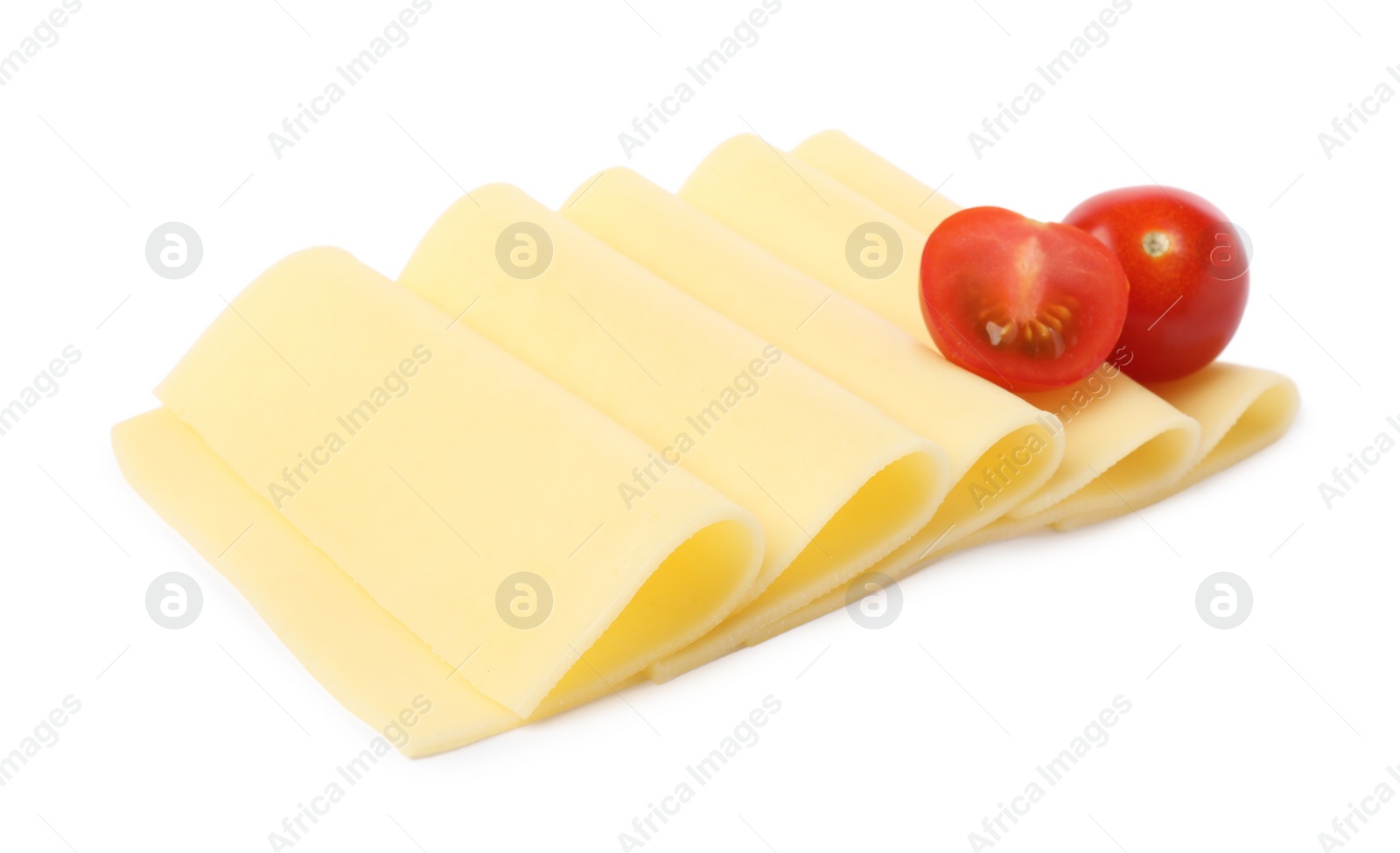Photo of Slices of tasty fresh cheese and tomatoes isolated on white