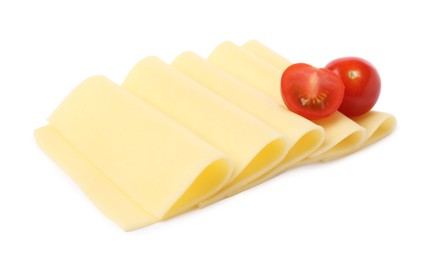 Photo of Slices of tasty fresh cheese and tomatoes isolated on white