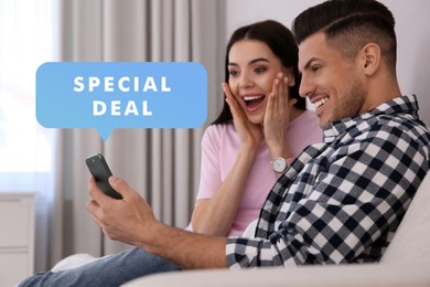 Image of Special deal. Emotional couple participating with smartphone at home