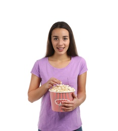 Photo of Woman with popcorn during cinema show on white background