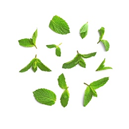 Fresh mint leaves on white background, flat lay