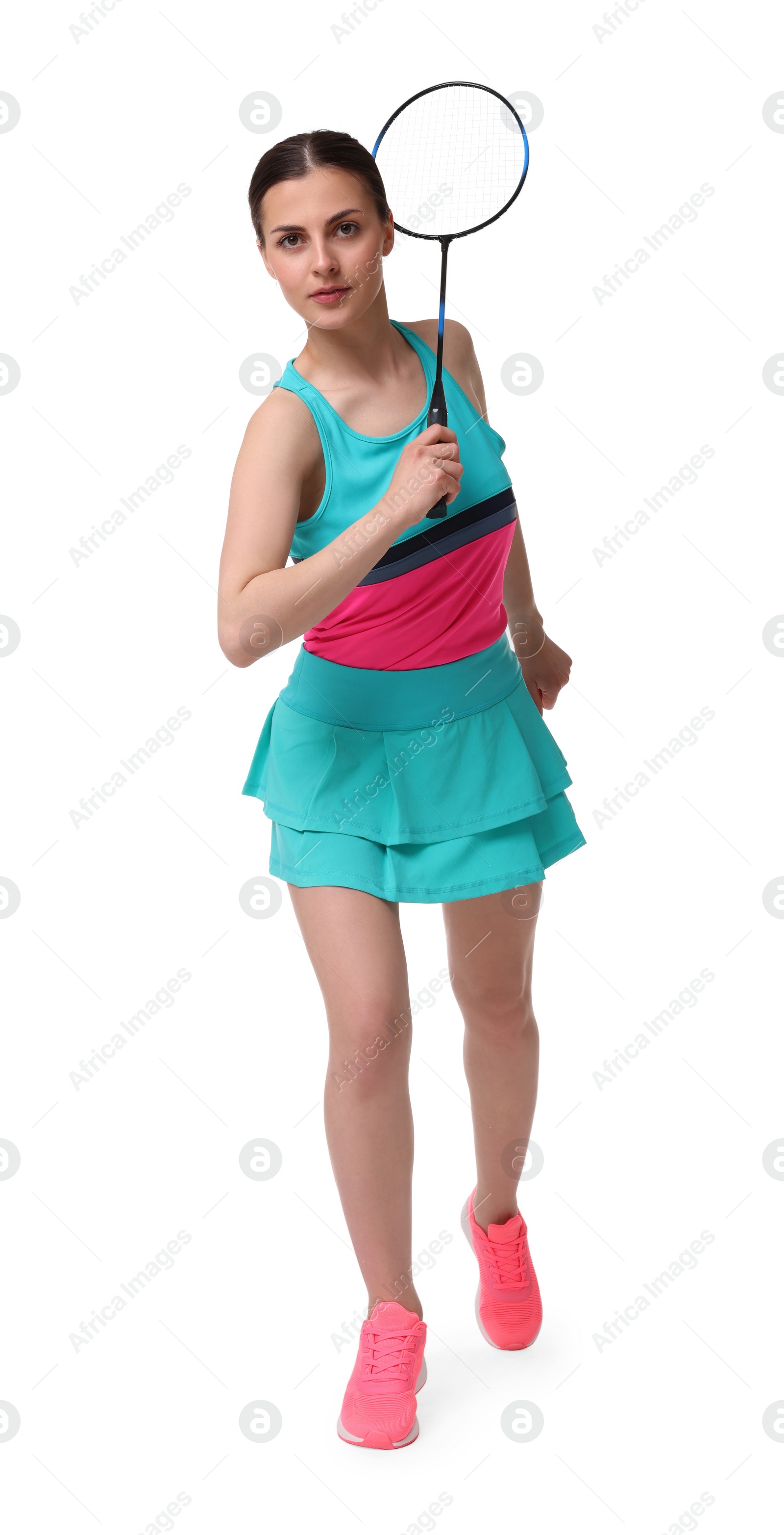 Photo of Young woman playing badminton with racket on white background