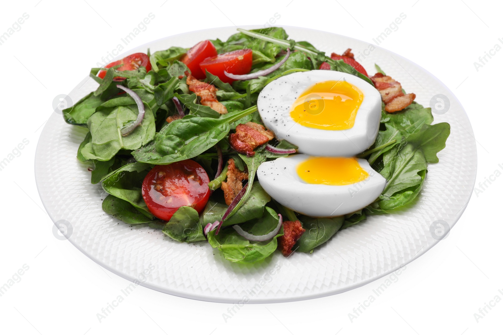 Photo of Delicious salad with boiled egg, bacon and tomatoes isolated on white