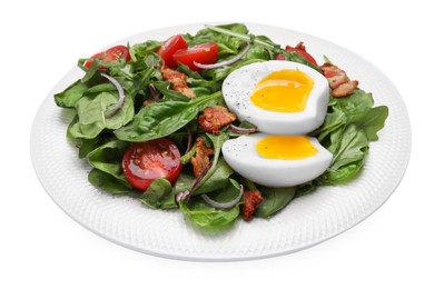 Photo of Delicious salad with boiled egg, bacon and tomatoes isolated on white