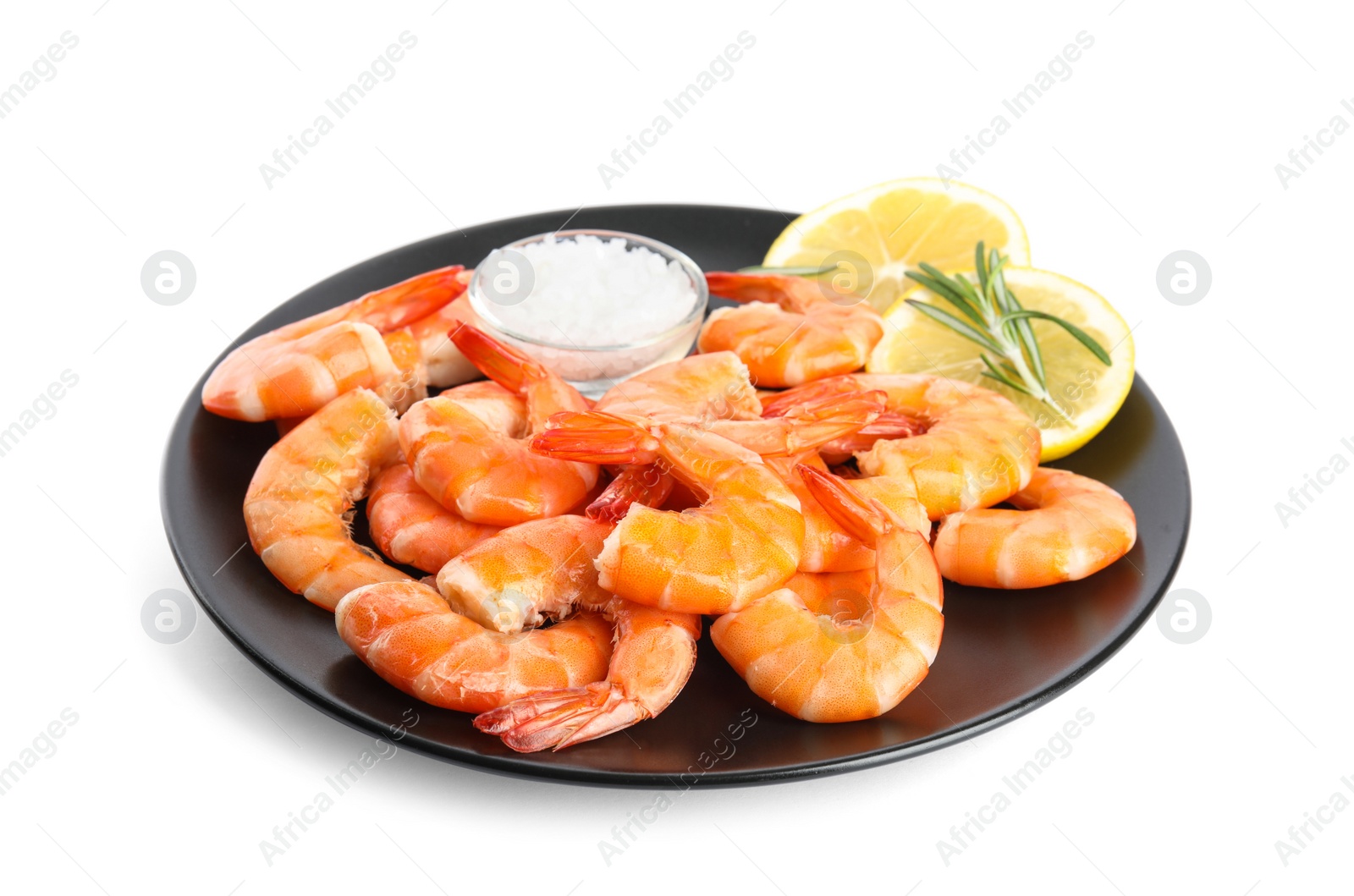 Photo of Delicious cooked shrimps served with lemon, salt and rosemary on white background