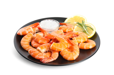 Photo of Delicious cooked shrimps served with lemon, salt and rosemary on white background