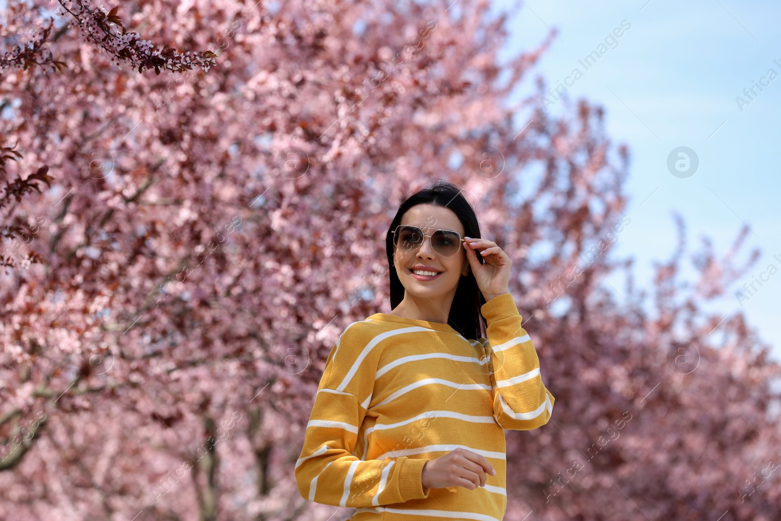 Photo of Pretty young woman with sunglasses near beautiful blossoming trees outdoors. Stylish spring look