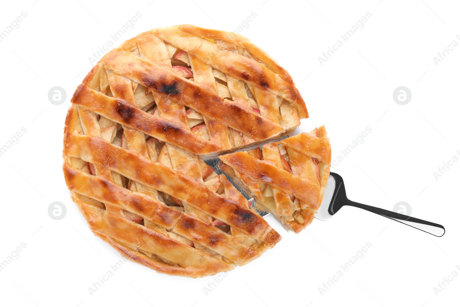Photo of Traditional apple pie with spatula isolated on white, top view
