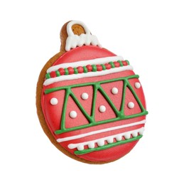 Photo of Tasty cookie in shape of Christmas ball isolated on white