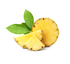 Image of Ripe juicy pineapple and citrus leaves on white background