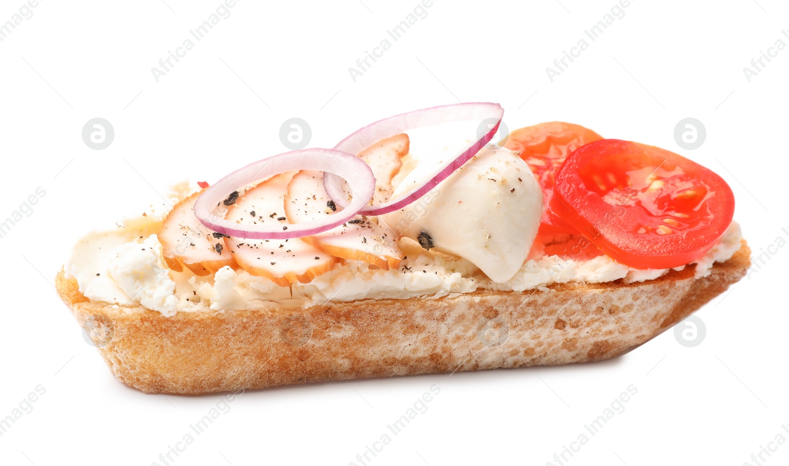 Photo of Delicious chicken bruschetta on white background. Traditional Italian antipasto