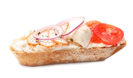 Photo of Delicious chicken bruschetta on white background. Traditional Italian antipasto