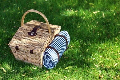 Picnic basket with blanket on green lawn in garden. Space for text