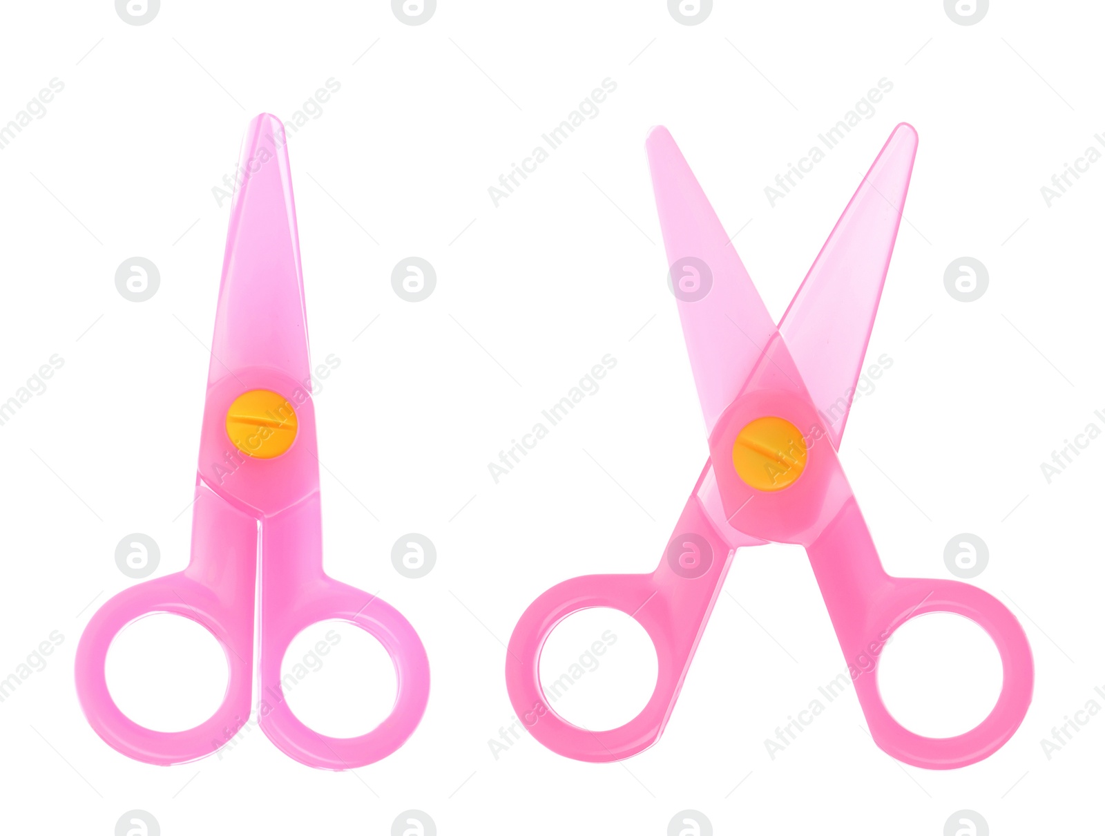 Image of Plastic training scissors on white background, top view