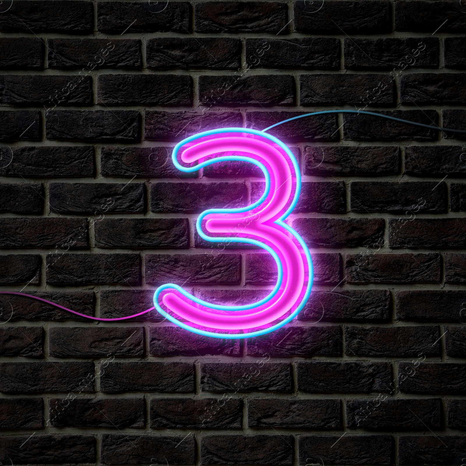 Image of Glowing neon number 3 sign on brick wall