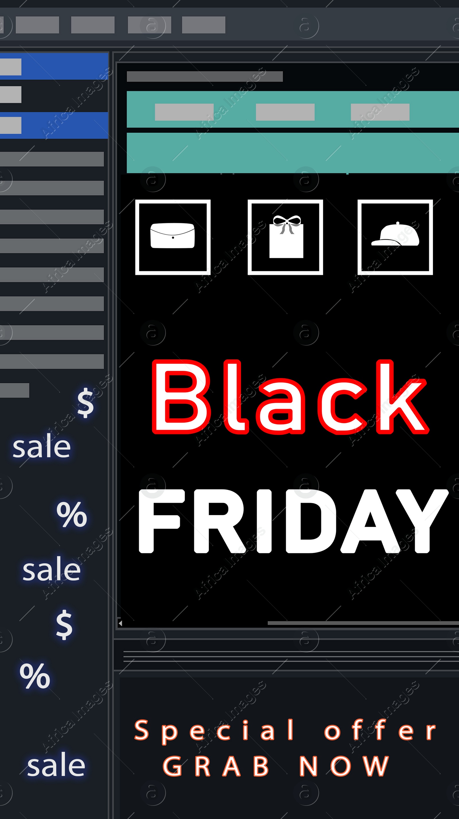 Illustration of Text BLACK FRIDAY and different shopping icons on dark background