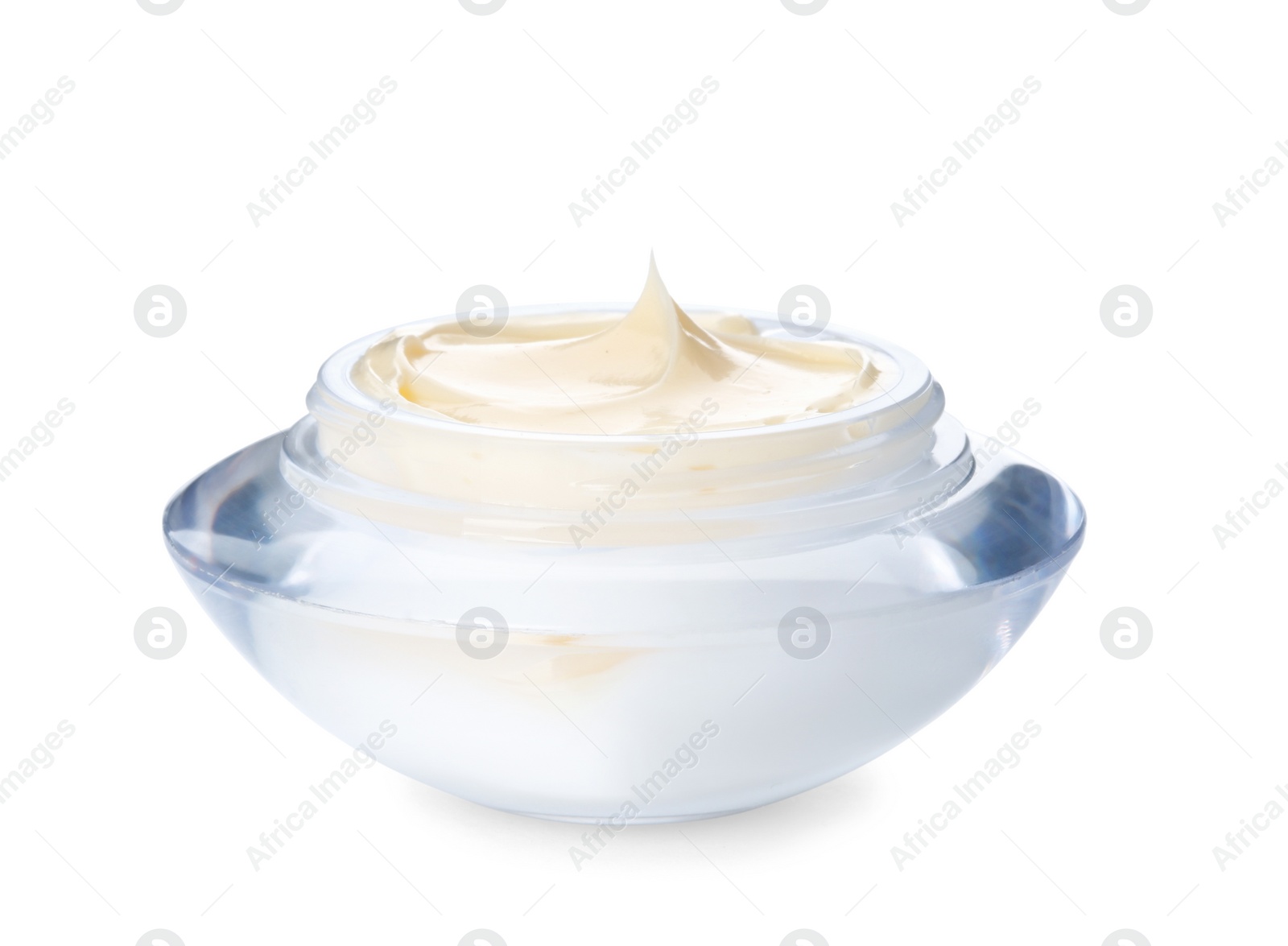 Photo of Jar with hand cream on white background