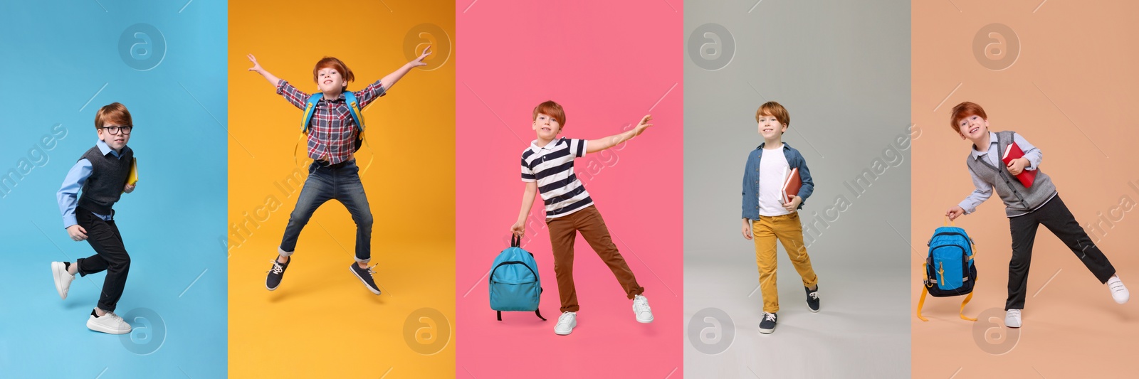 Image of Little schoolboy on color backgrounds, set of photos