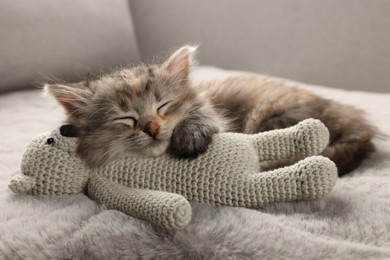 Photo of Cute kitten sleeping with toy on fuzzy grey blanket