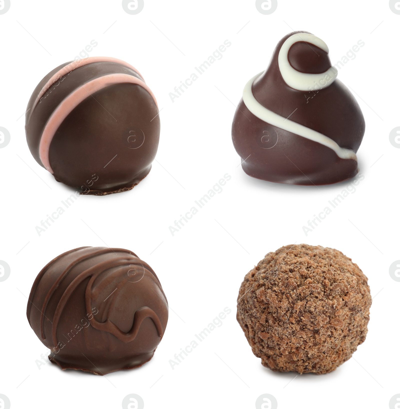 Image of Set with delicious sweet chocolate truffles on white background