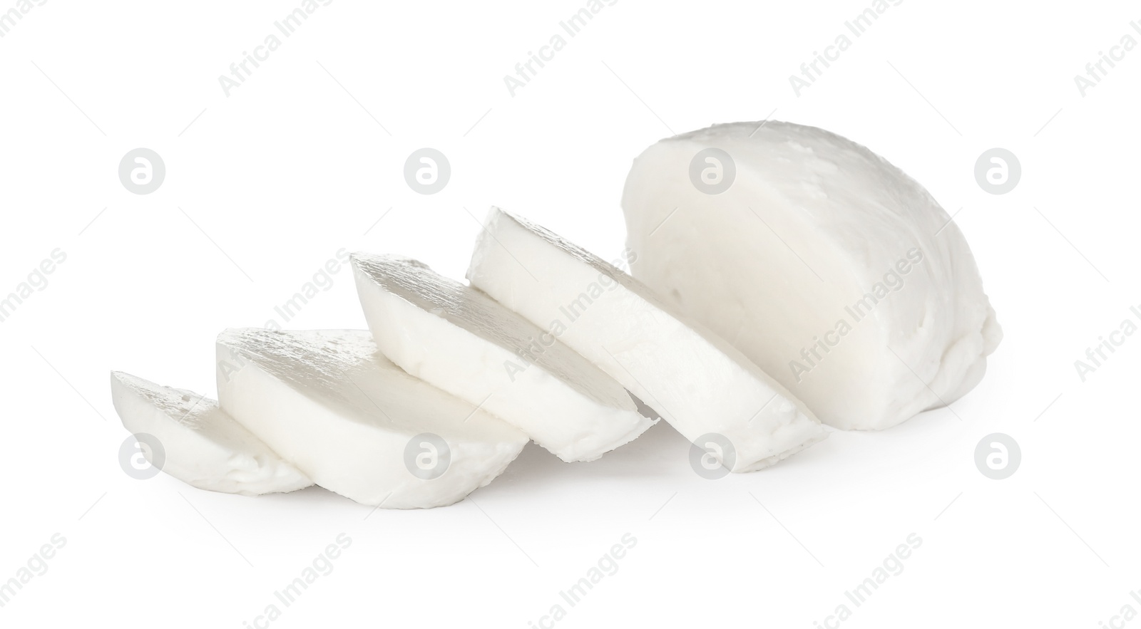 Photo of Delicious mozzarella cheese slices on white background