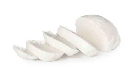 Photo of Delicious mozzarella cheese slices on white background
