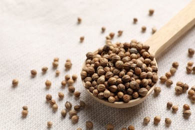 Photo of Spoon with dried coriander seeds on light cloth, closeup