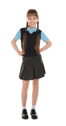 Photo of Full length portrait of cute girl in school uniform on white background