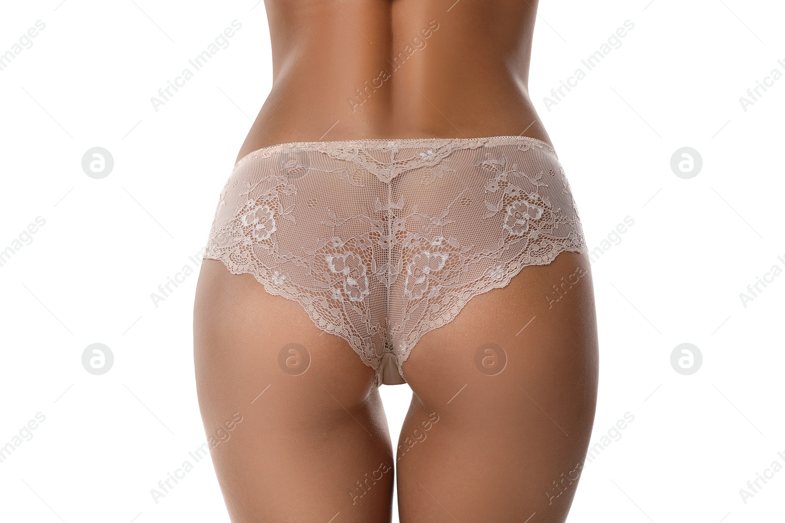 Photo of Woman in sexy panties on white background, closeup. Back view