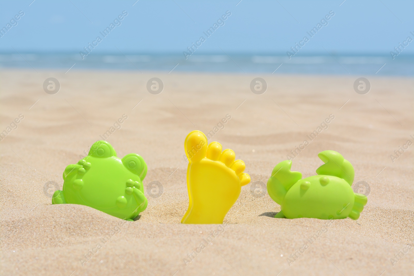 Photo of Set of colorful beach toys on sand near sea, space for text